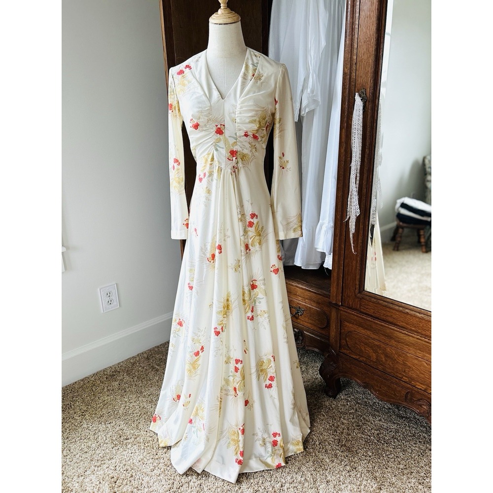Vintage 70s Handmade Long‎ Floral Dress Size Small Maxi Cottage Core Victorian